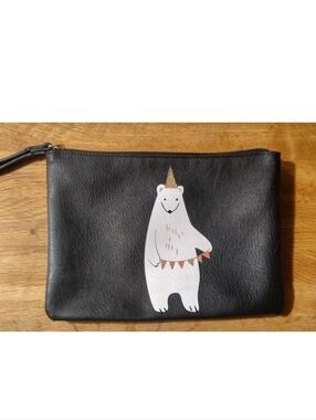 Lauren Conrad Black Faux Leather Wristlet Pouch With Birthday Polar Bear